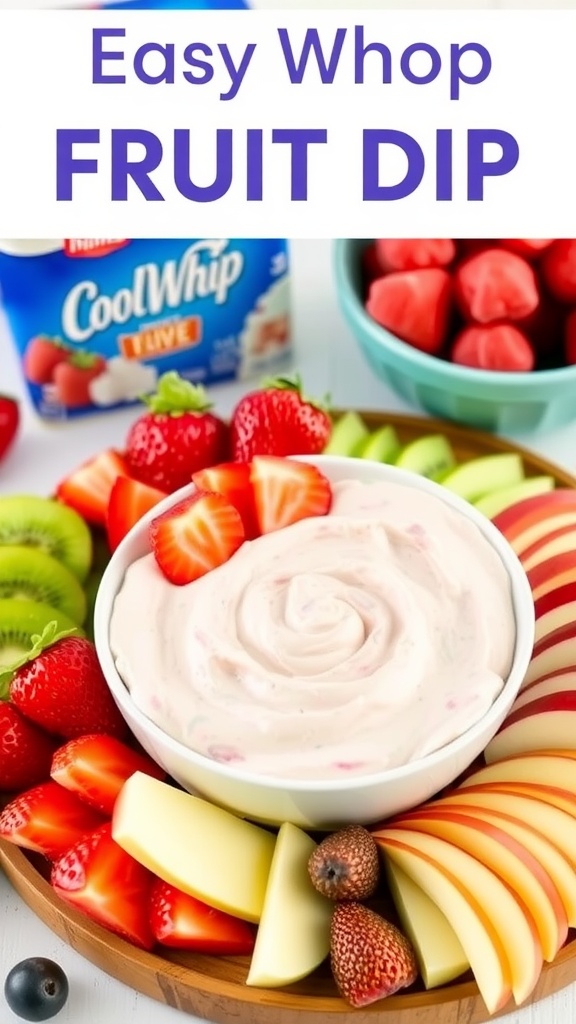 Simple 3-Ingredient Cool Whip Fruit Dip Recipe A bowl of creamy Cool Whip fruit dip with fresh fruits for dipping.